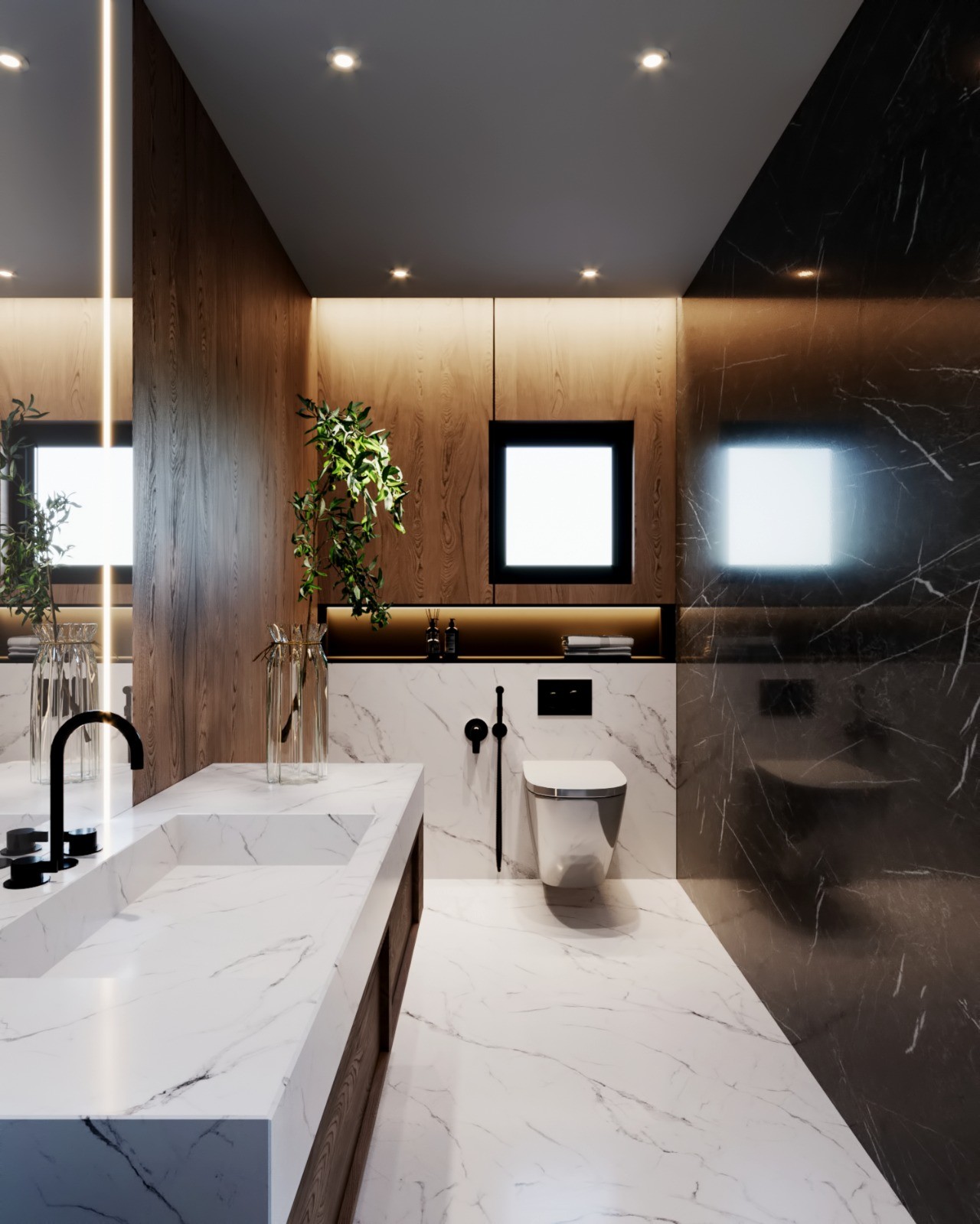 Tamra Asteria interior render: bathroom with marble vanity and wood panelling