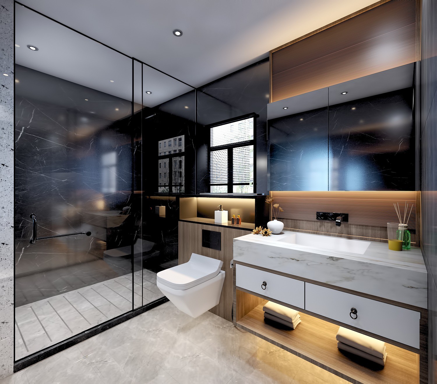 Tamra Asteria interior render: bathroom with glass shower enclosure and lit vanity