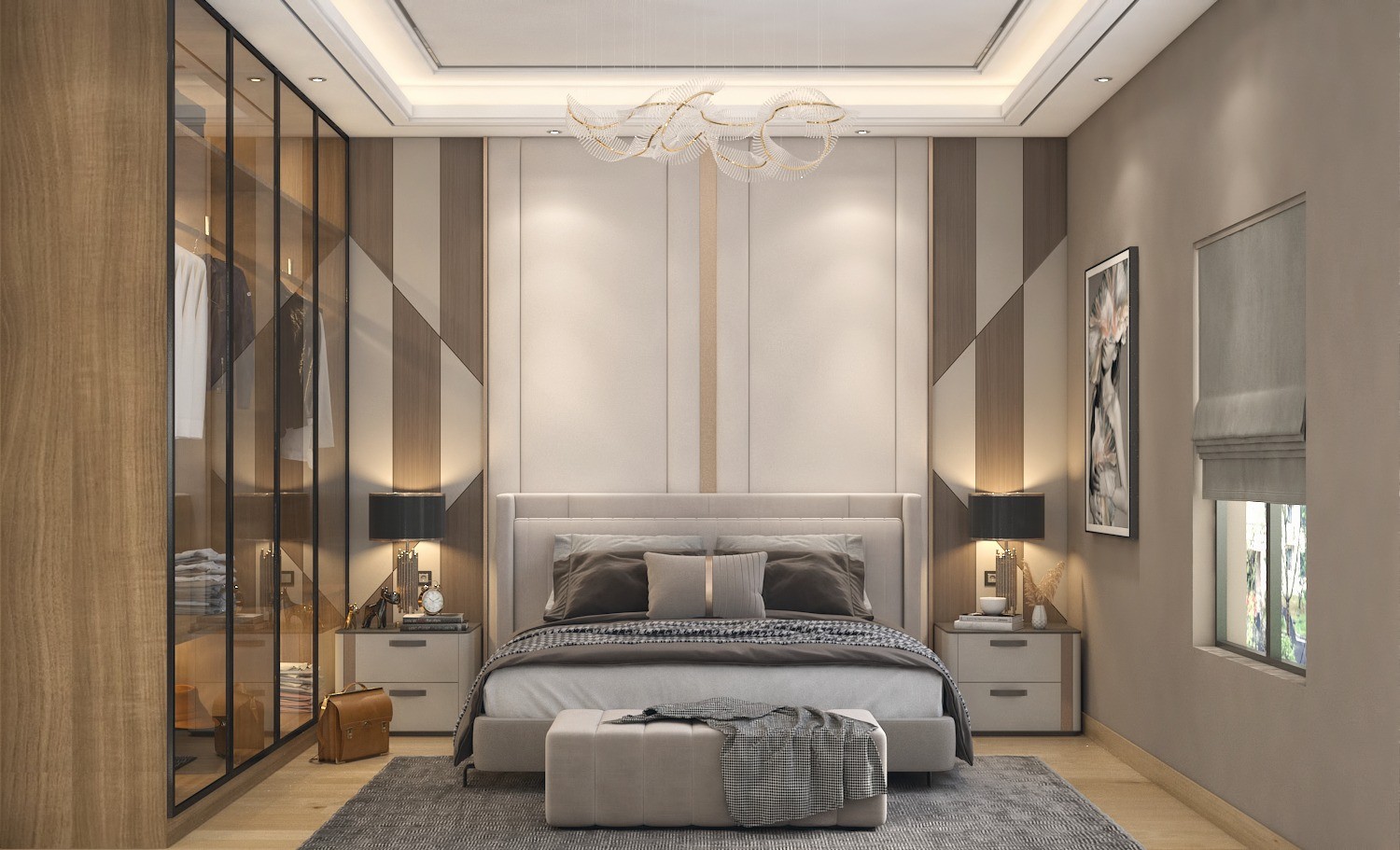 Tamra Asteria interior render: bedroom with panelled headboard wall and glass wardrobe