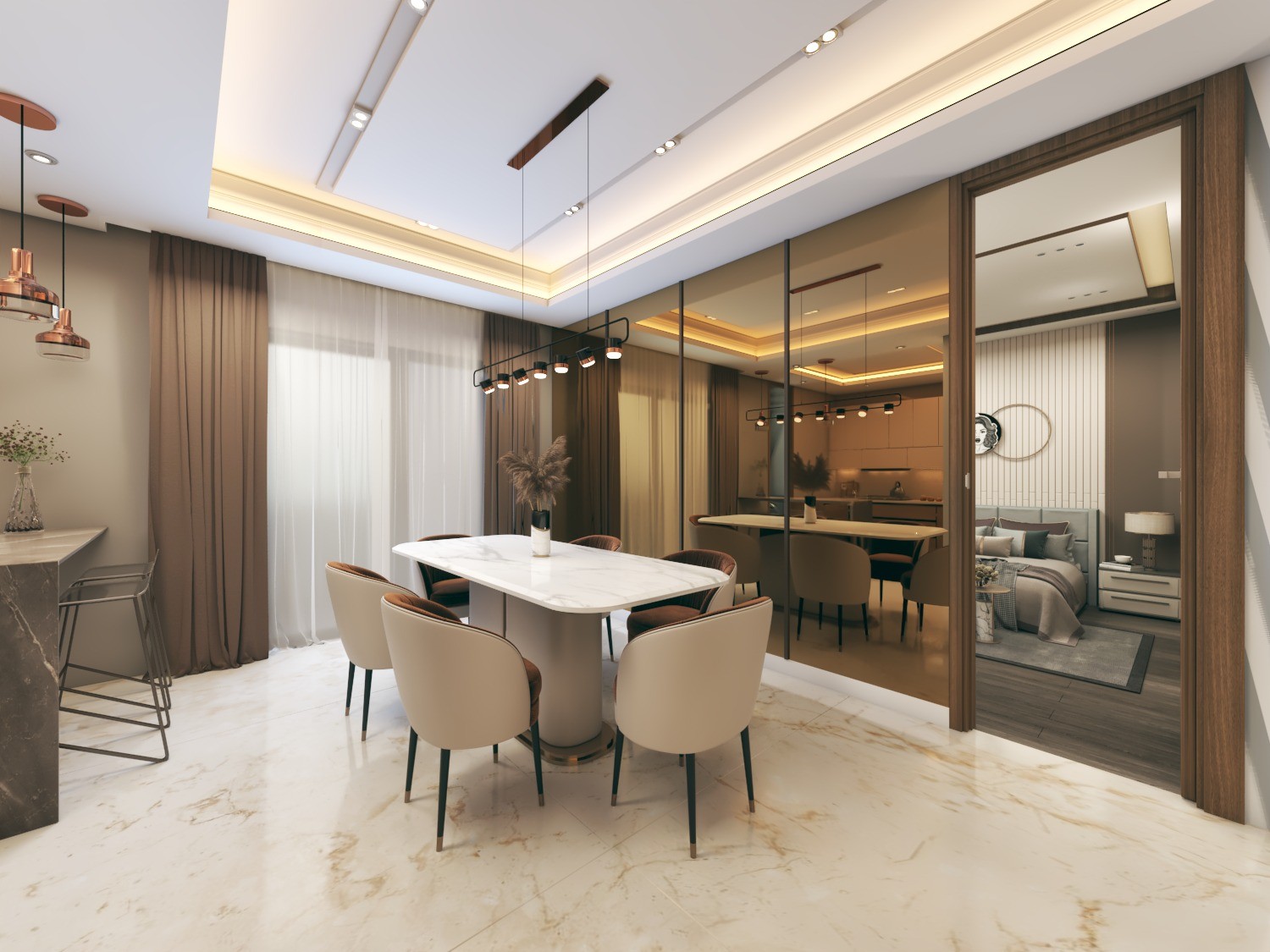 Tamra Asteria interior render: dining area with glass partition and bedroom view