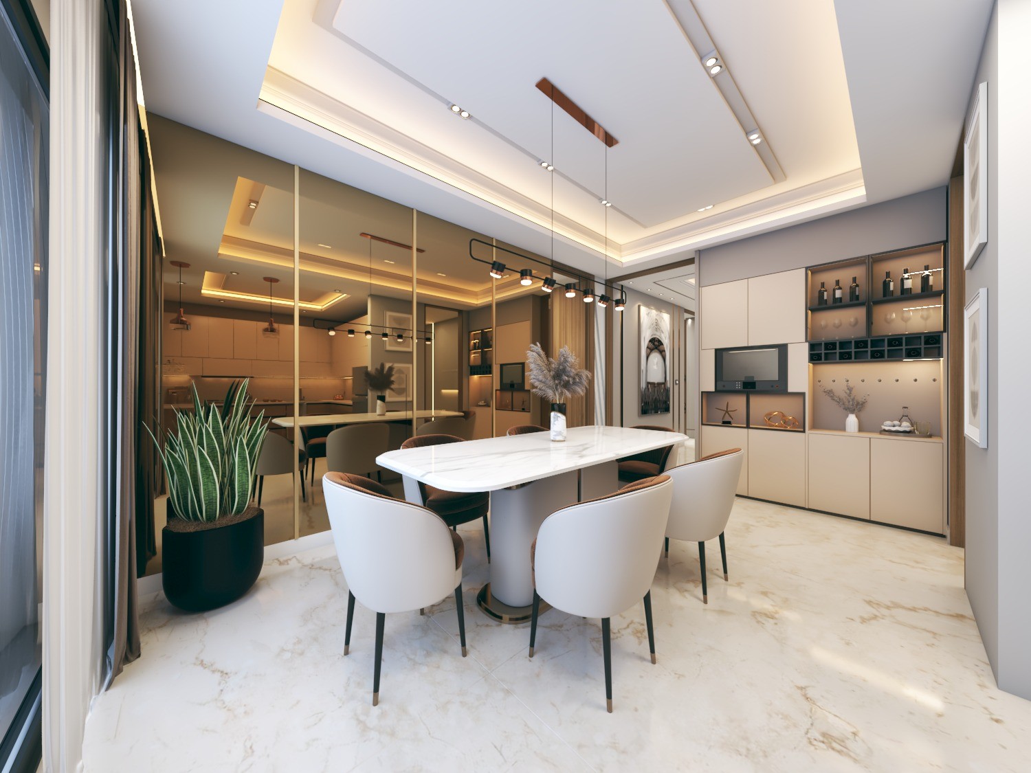 Tamra Asteria interior render: dining area with crockery and bar unit