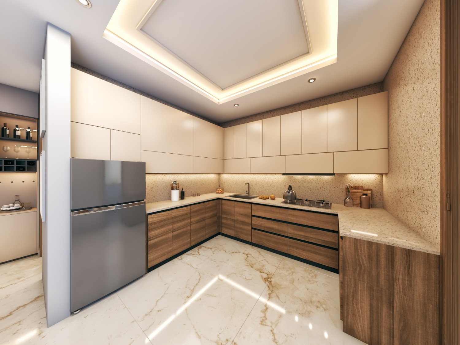Tamra Asteria interior render: modular kitchen with wood-finish cabinets