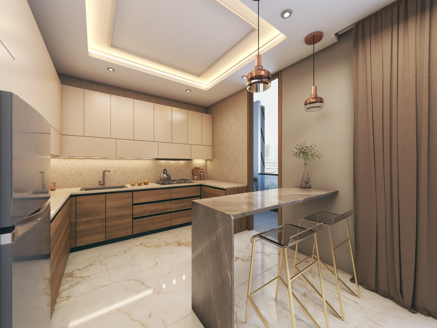 Tamra Asteria interior render: kitchen with breakfast counter and pendant lights