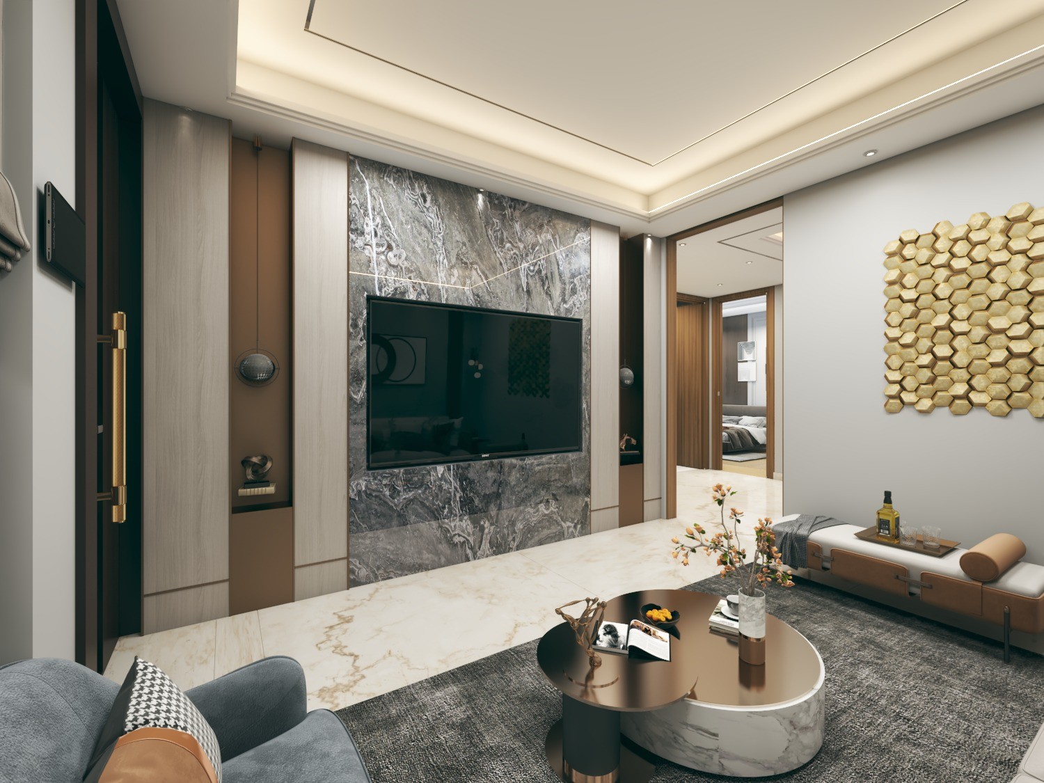 Tamra Asteria interior render: living room with marble tv wall