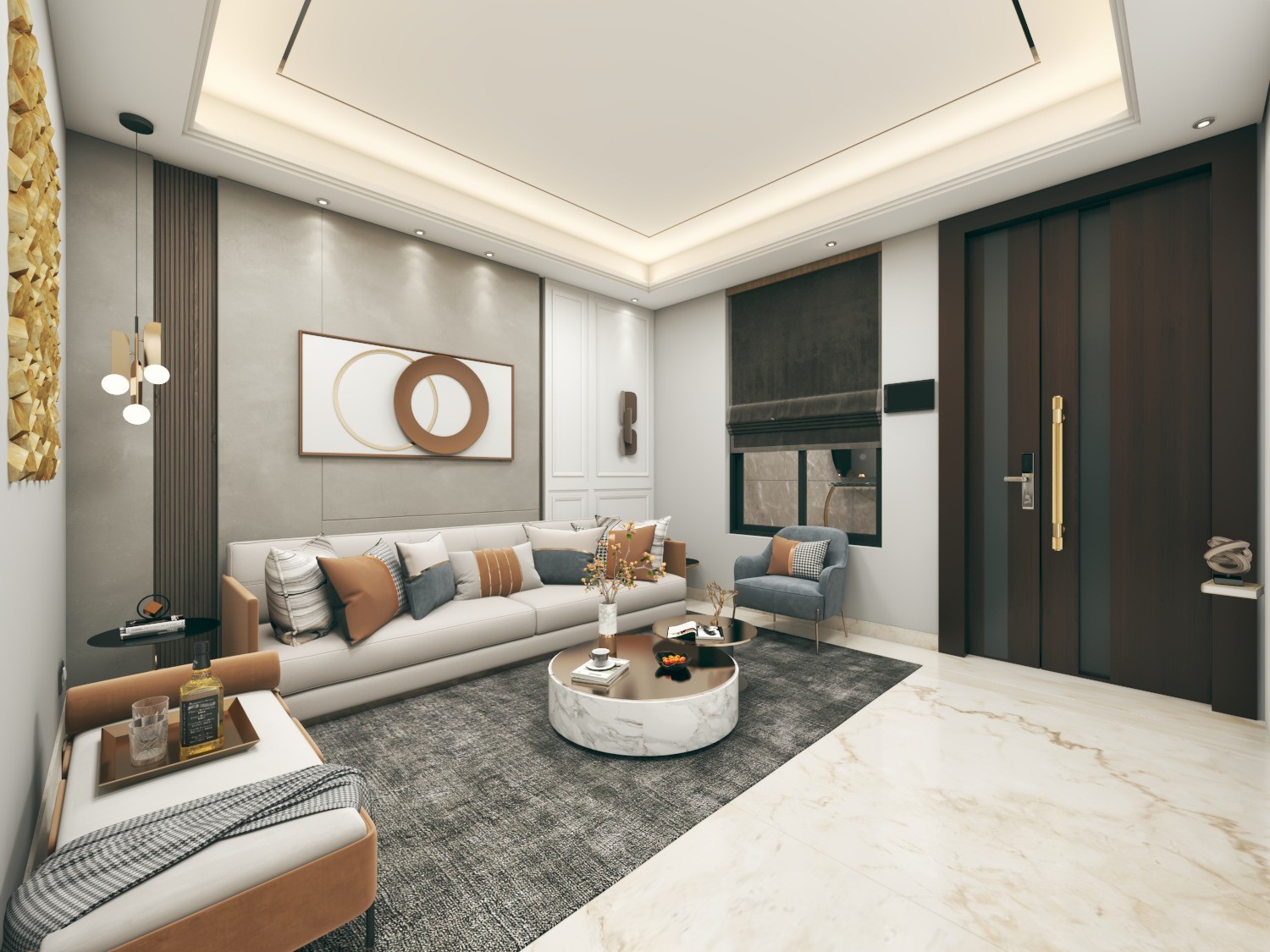 Tamra Asteria interior render: living room with entrance door and lounge sofa