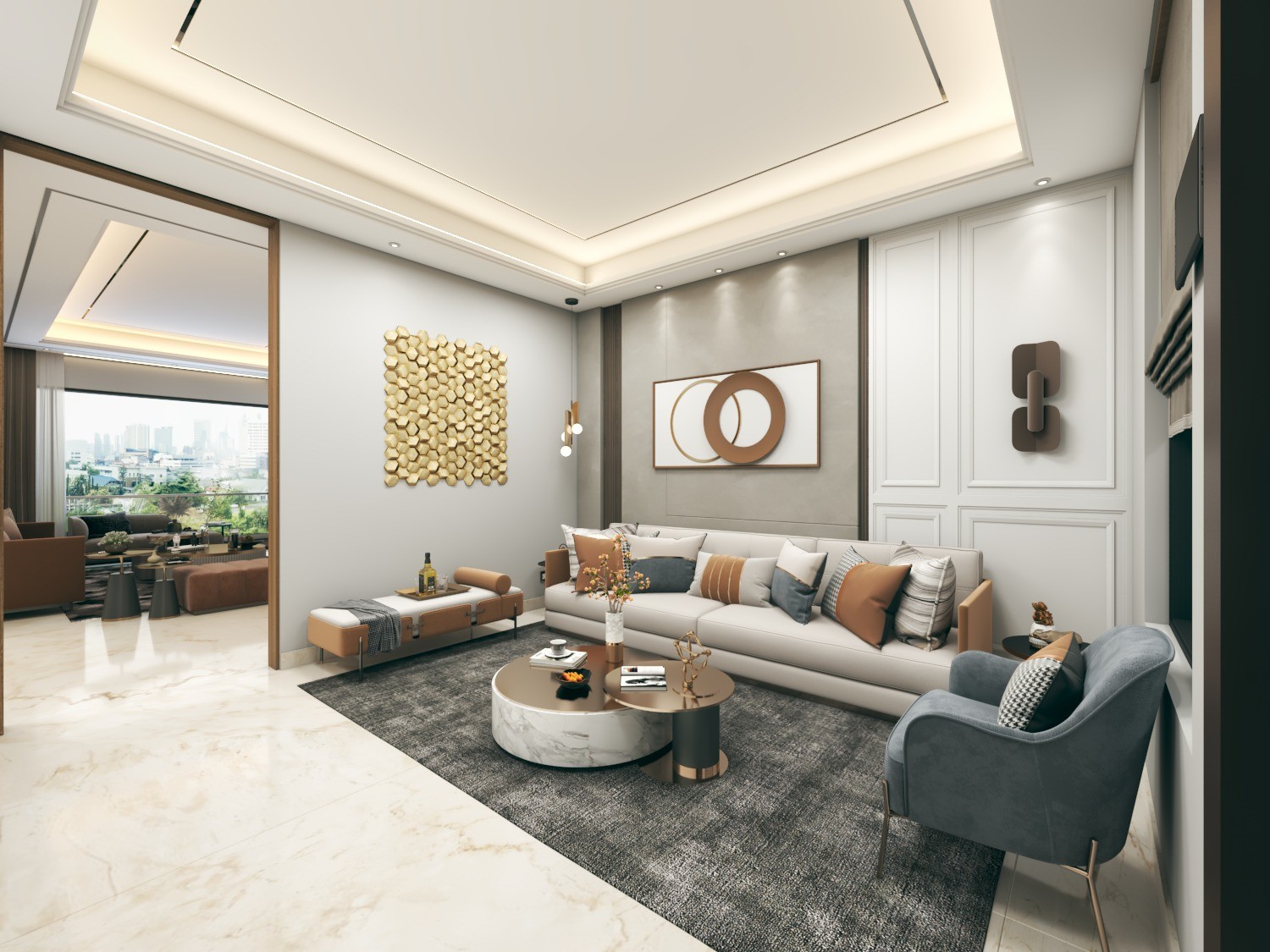 Tamra Asteria interior render: living room opening onto the main hall