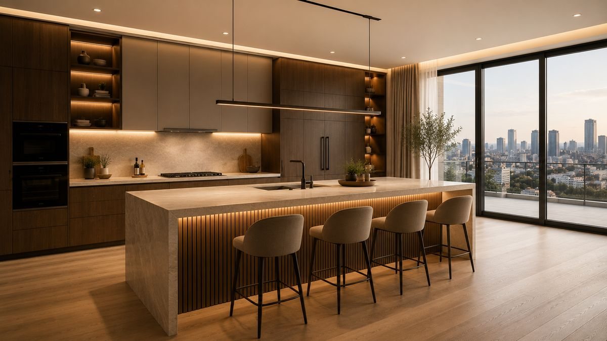Island kitchen with granite platform