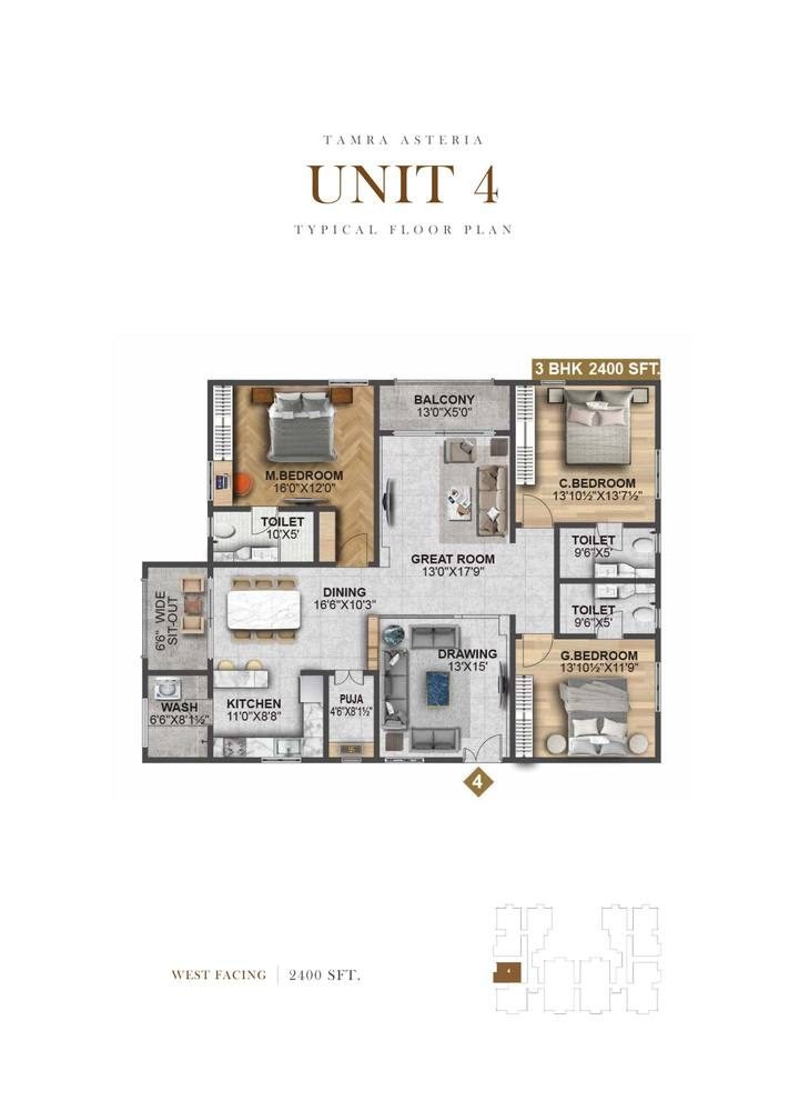 Unit 4 & 11 unit plan, 3 BHK 2,400 sft