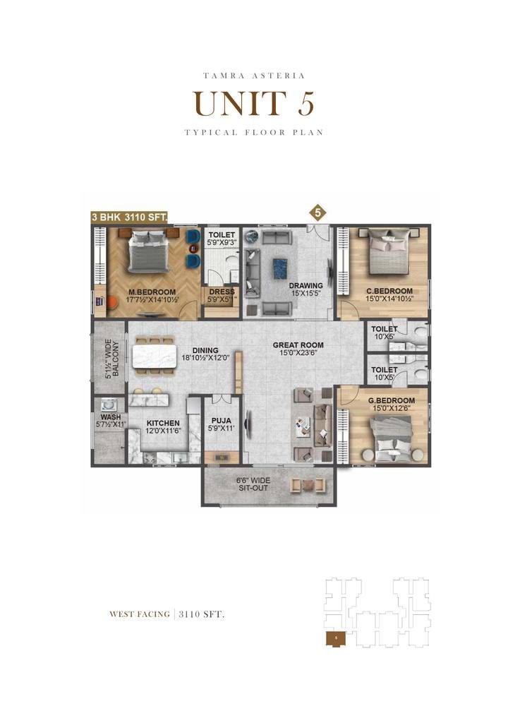 Unit 5 & 10 unit plan, 3 BHK 3,110 sft