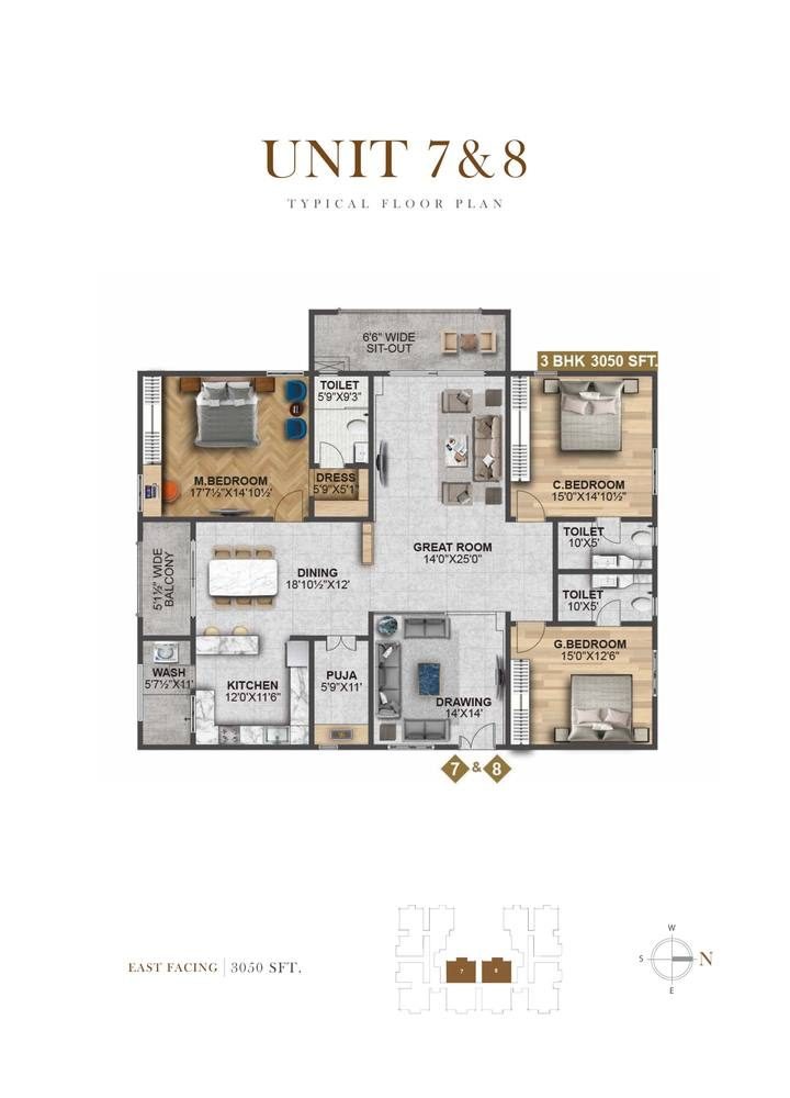Unit 7 & 8 unit plan, 3 BHK 3,050 sft